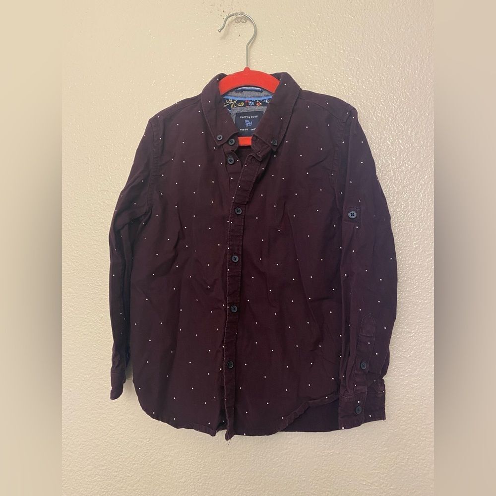 Cactus Boys maroon purple long sleeve button down shirt white polka dots 5-6
